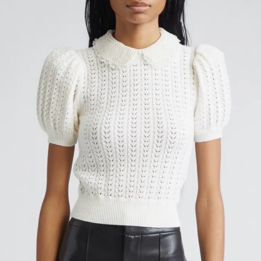 Alice + Olivia - Chase Puff Sleeve Wool Blend Knit Sweater W/ Pearl Collar - S